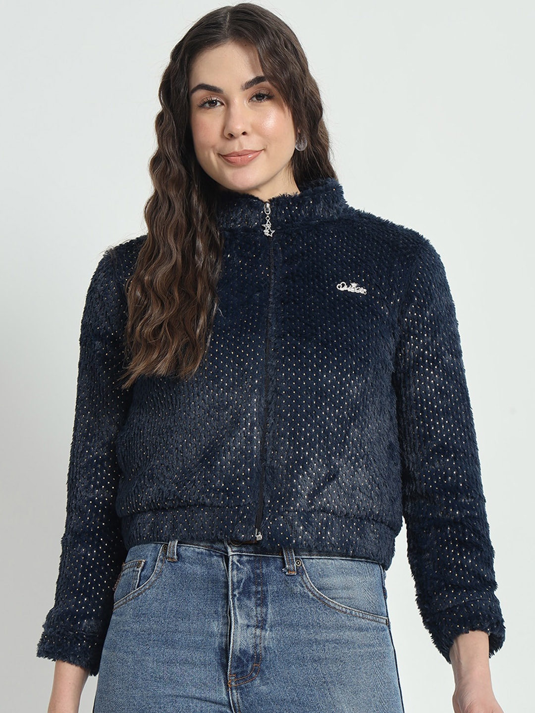 

RAER Self Design Mock Collar Lightweight Crop Open Front Jacket, Navy blue