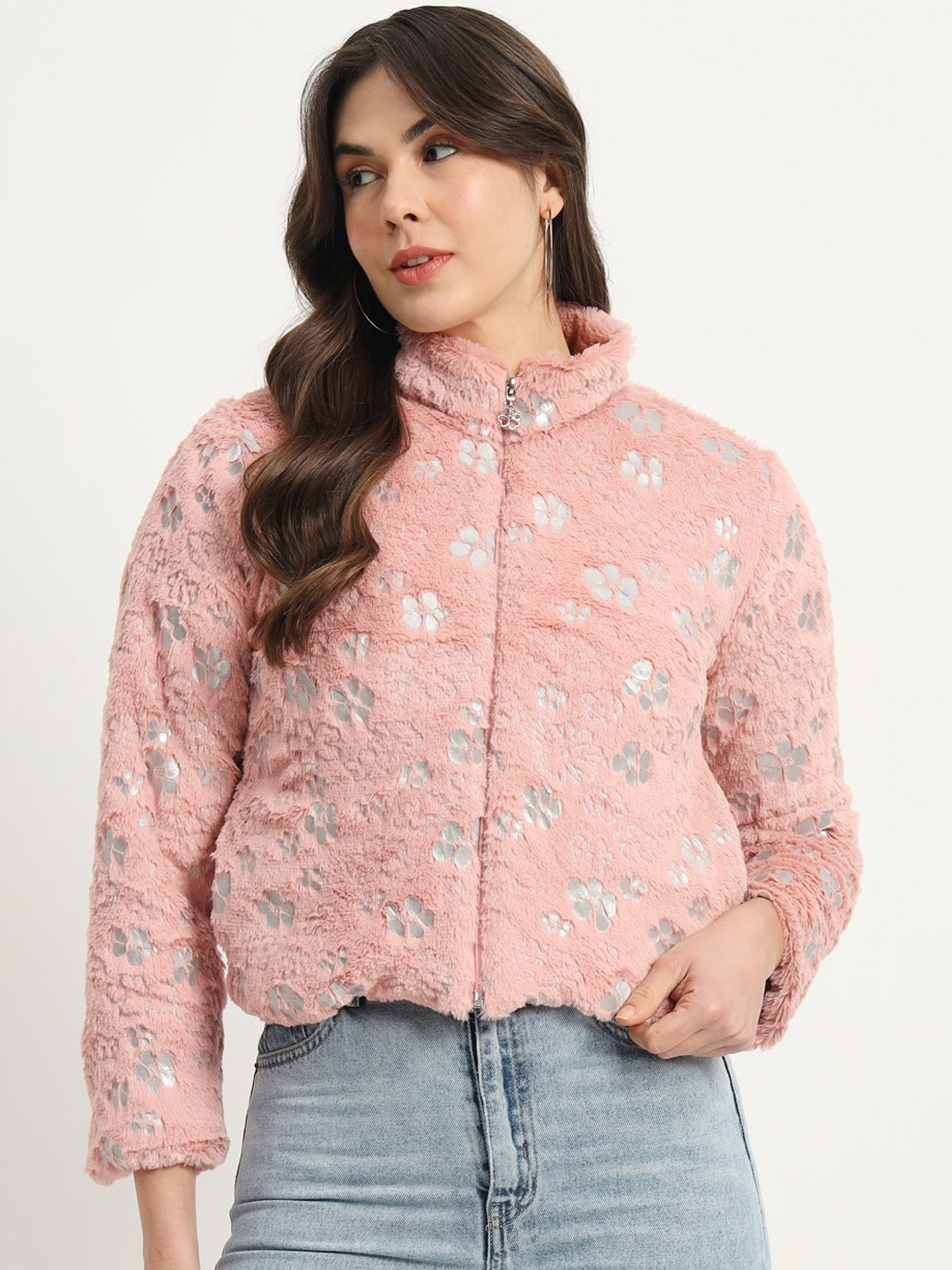 

RAER Animal Printed High Neck Lightweight Crop Tailored Jacket, Peach