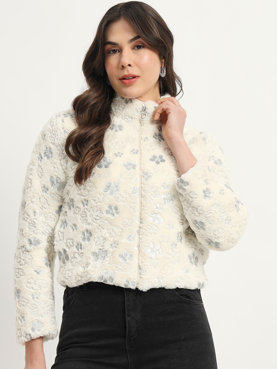 

RAER Floral Self Design Mock Collar Lightweight Tailored Jacket, Off white