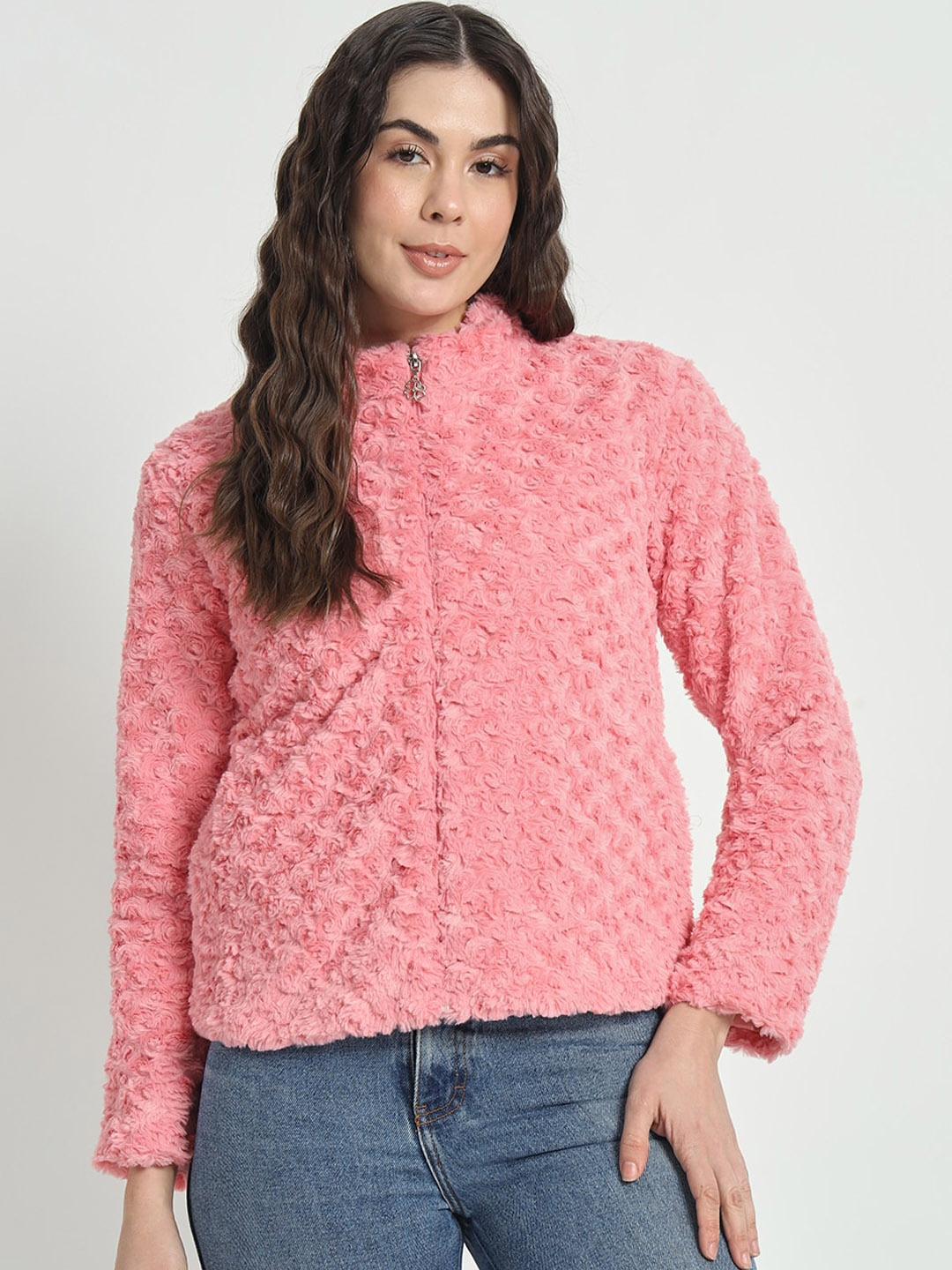

RAER Self Design Mock Collar Lightweight Crop Tailored Jacket with Embroidered, Peach