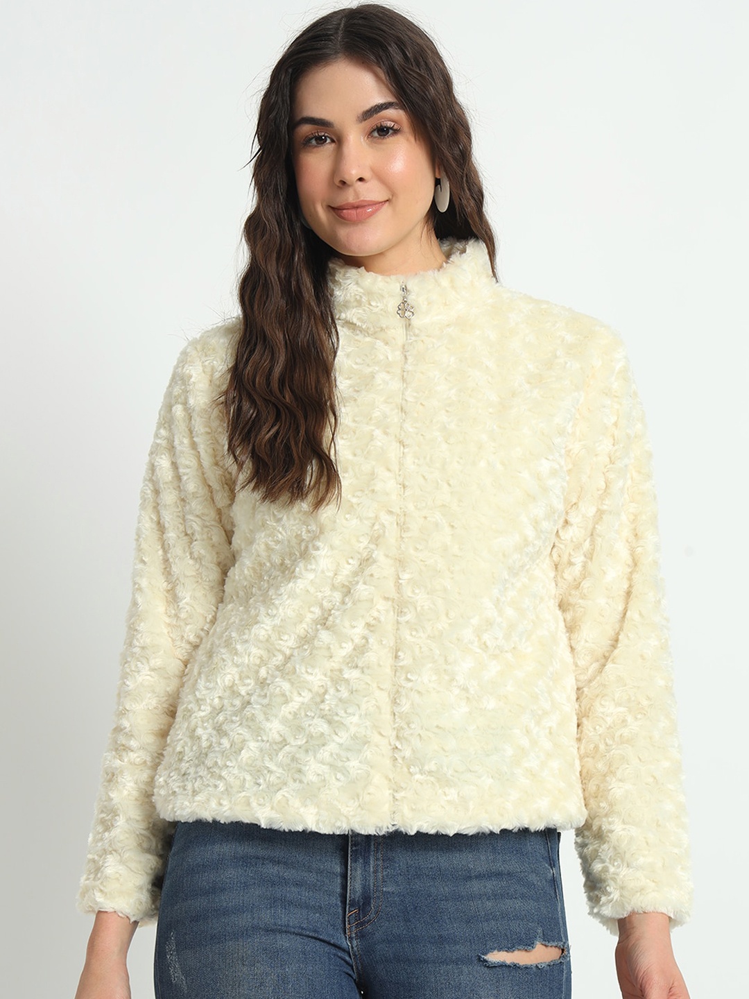 

RAER Self Design Mock Collar Lightweight Open Front Jacket, Cream
