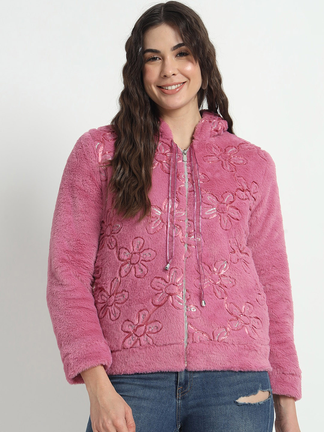 

RAER Floral Design Hooded Lightweight Crop Tailored Jacket Embroidered, Pink