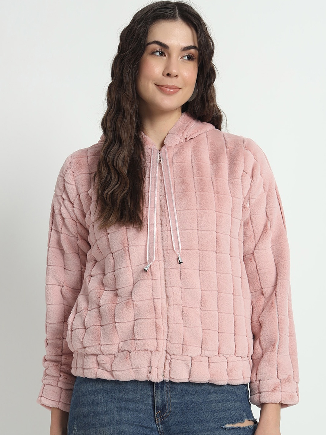 

RAER Women Geometric Checked Hooded Lightweight Tailored Jacket, Pink