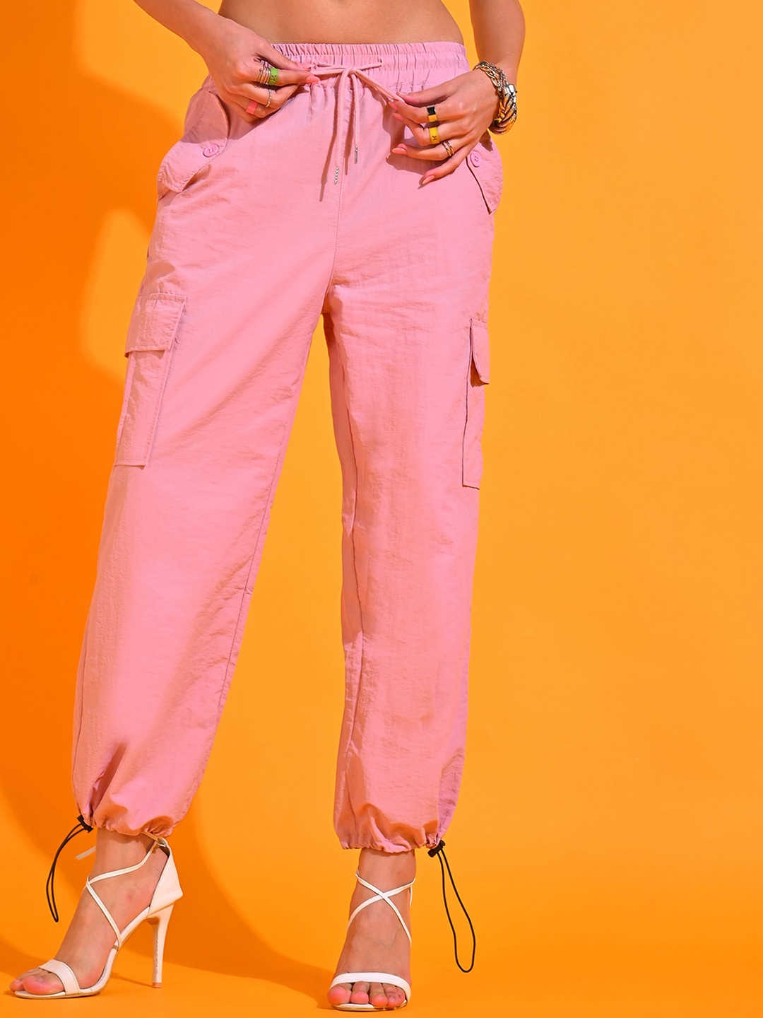 

SHECZZAR Women Relaxed Easy Wash Cargos Trousers, Pink