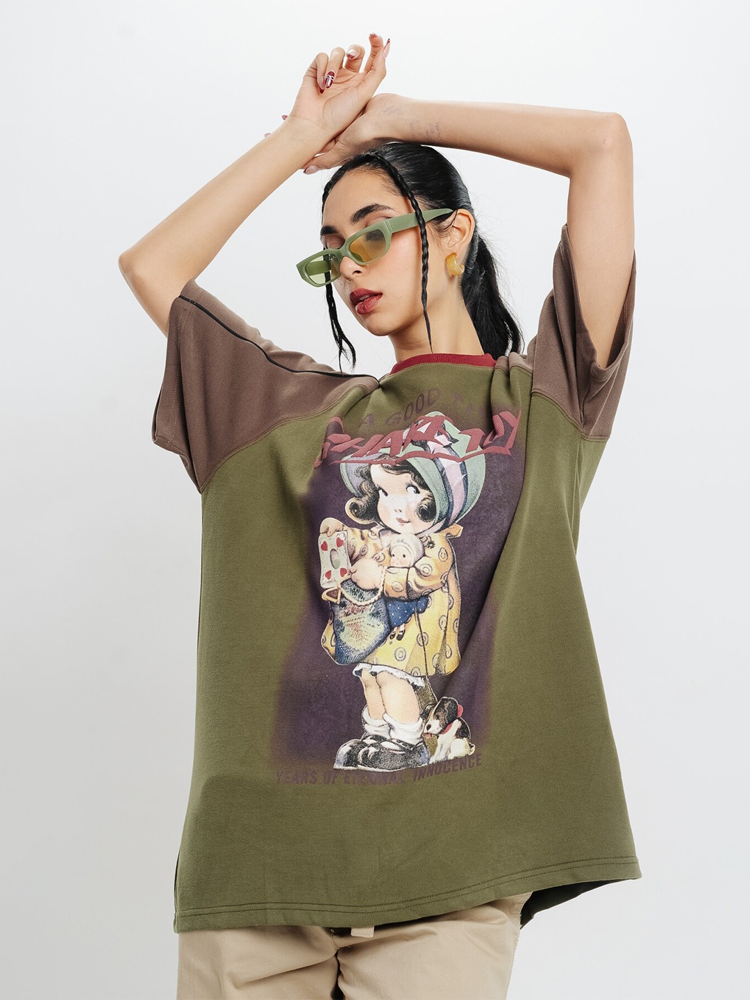 

FREAKINS Olive Green Graphic Printed Raglan Sleeves Pure Cotton T-shirt