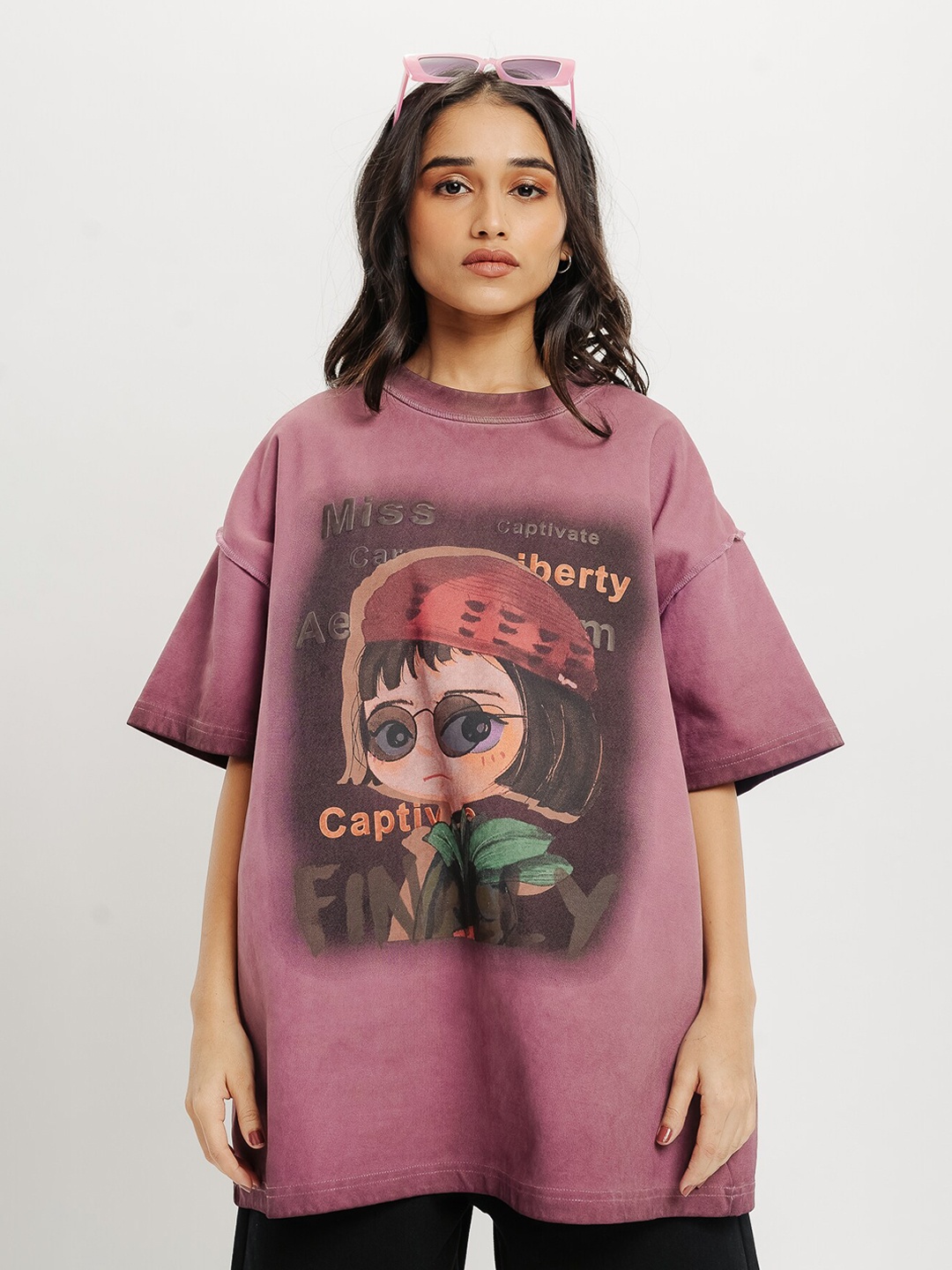 

FREAKINS Graphic Printed Oversized Pure Cotton T-shirt, Purple
