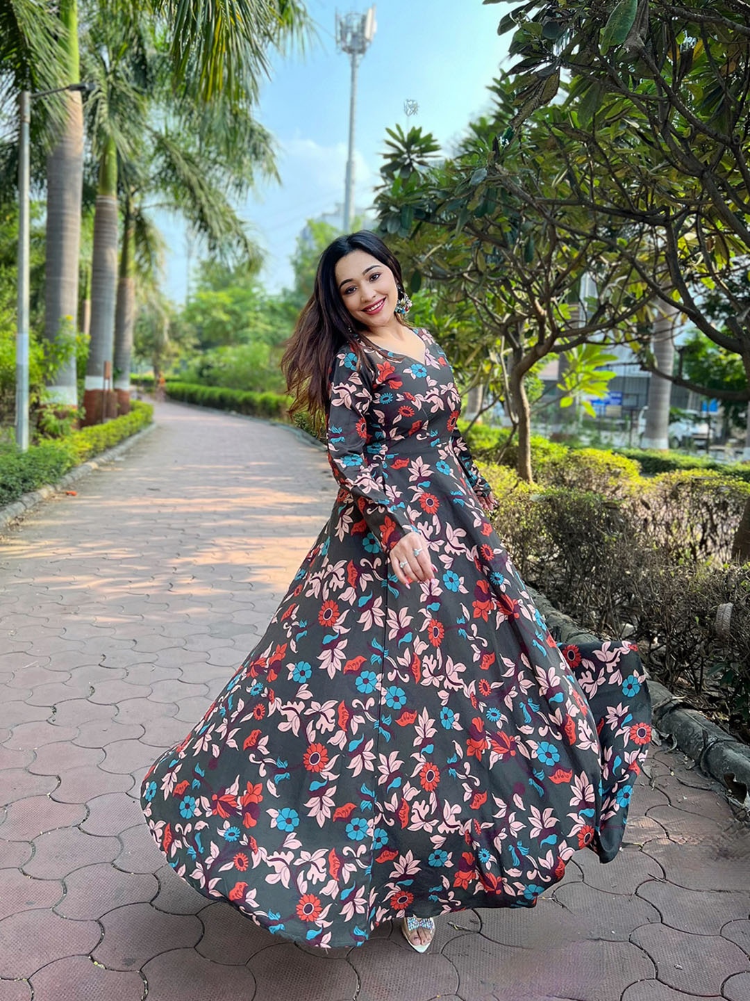 

Tasarika Floral Printed Fit & Flare Maxi Dress, Grey