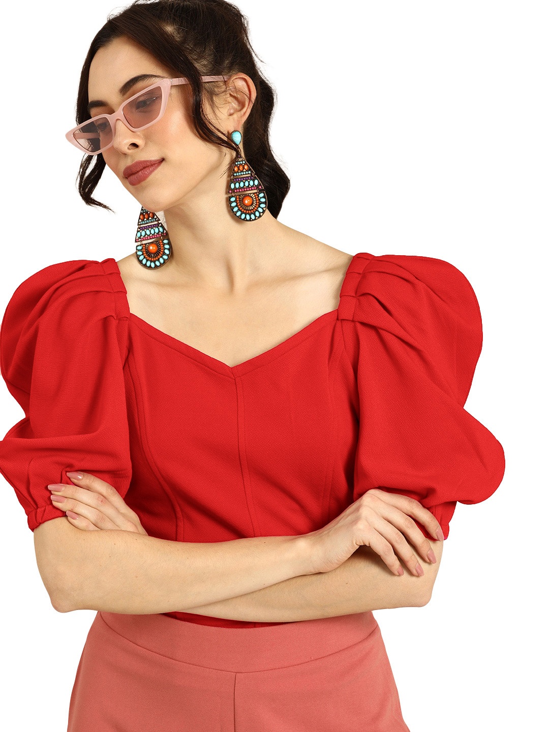 

BAESD Sweetheart Neck Puff Sleeves Top, Red