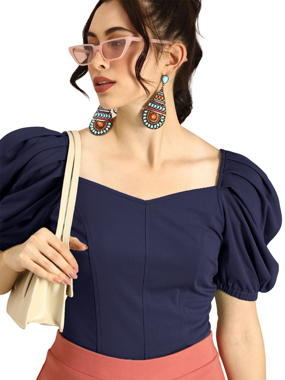 

BAESD Sweetheart Neck Puff Sleeves Regular Crop Top, Blue