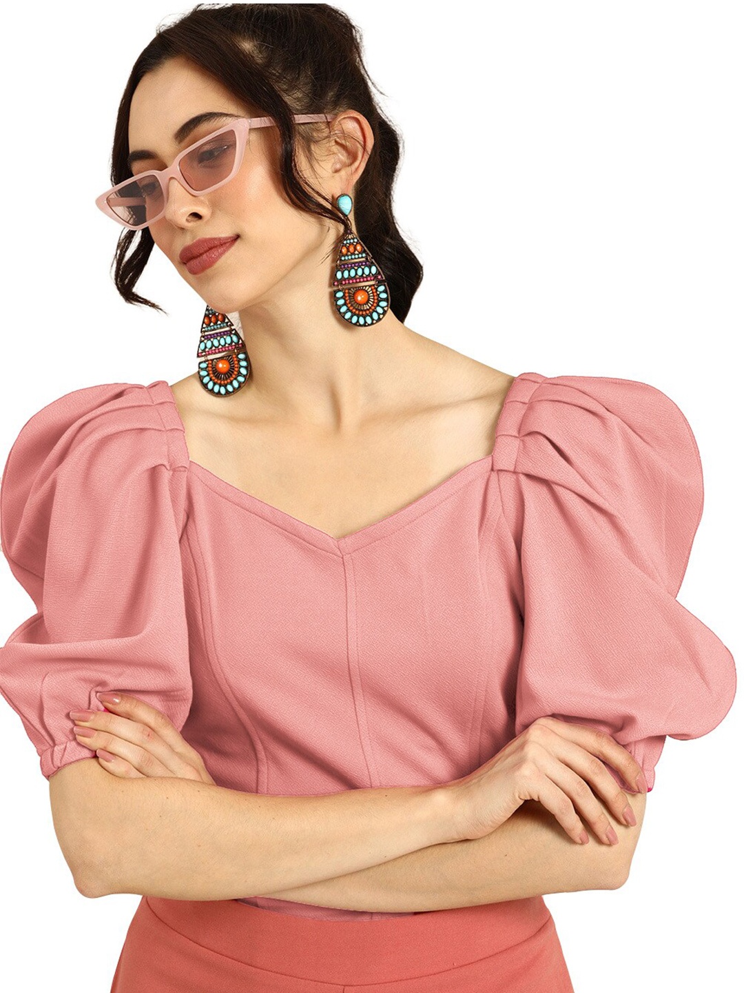 

BAESD Sweetheart Neck Puff Sleeves Regular Crop Top, Peach