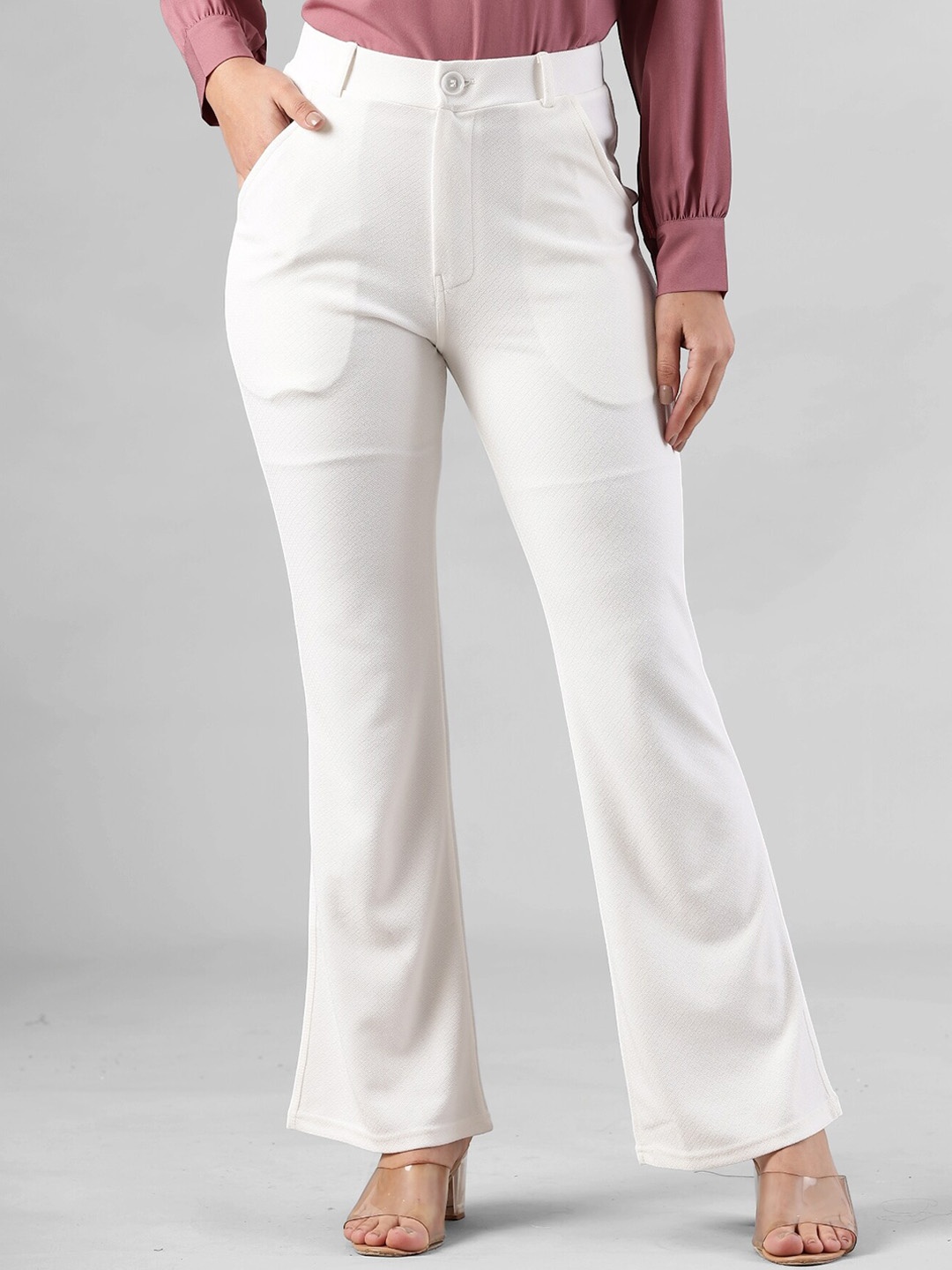 

FITHUB Women Flared High-Rise Cotton Bootcut Trousers, White