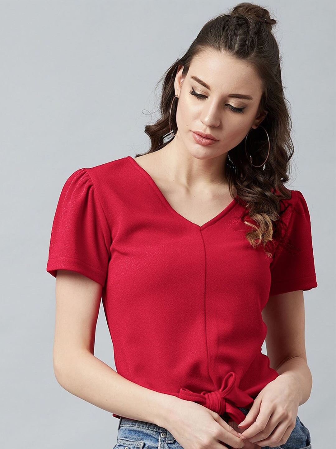 

BAESD V-Neck Puff Sleeves Tie Up Crop Top, Maroon