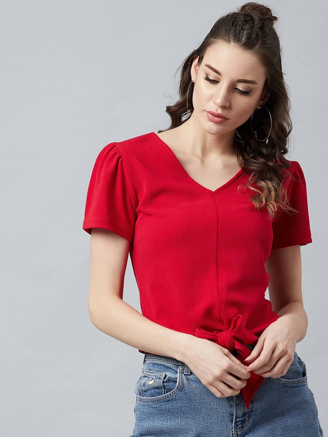 

BAESD V-Neck Puff Sleeve Waist Tie-Ups Regular Crop Top, Red