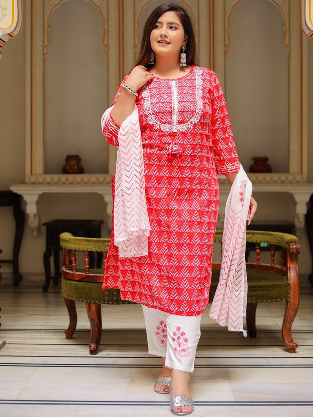 

KALINI Plus Size Geometric Printed Mirror Work Pure Cotton Kurta with Trousers & Dupatta, Red