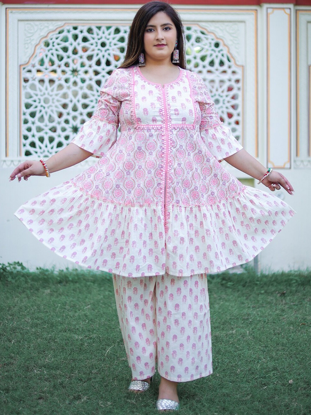 

KALINI Plus Floral Printed Regular Pure Cotton Kurta With Sharara & Dupatta, Pink