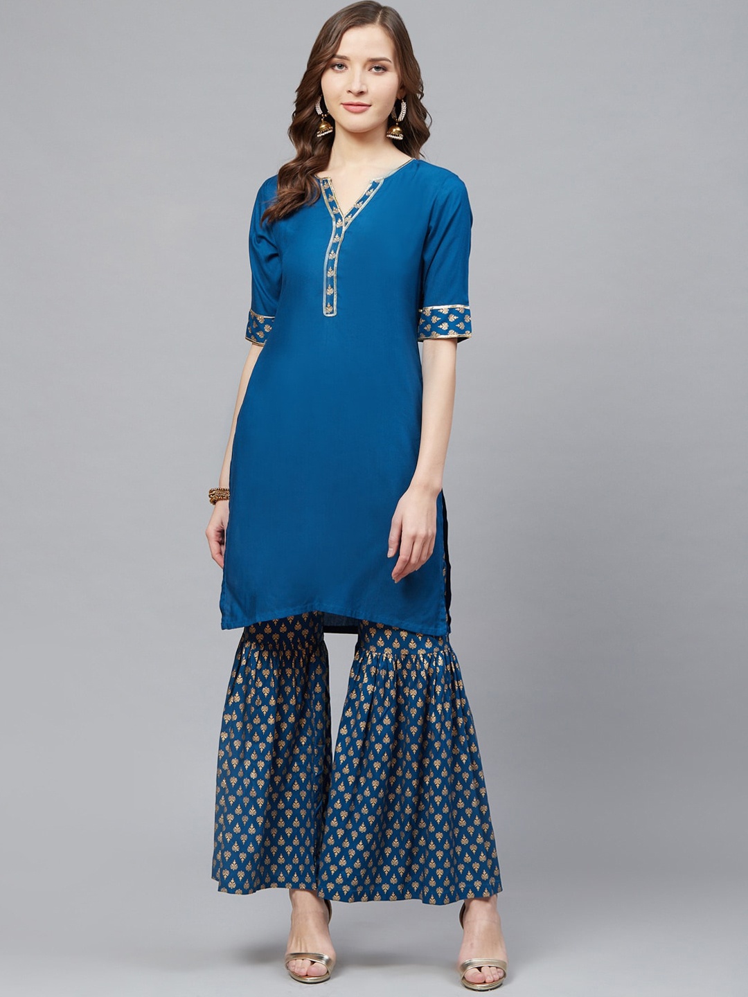 

KALINI Ethnic Motif Printed Straight Kurta with Sharara, Blue