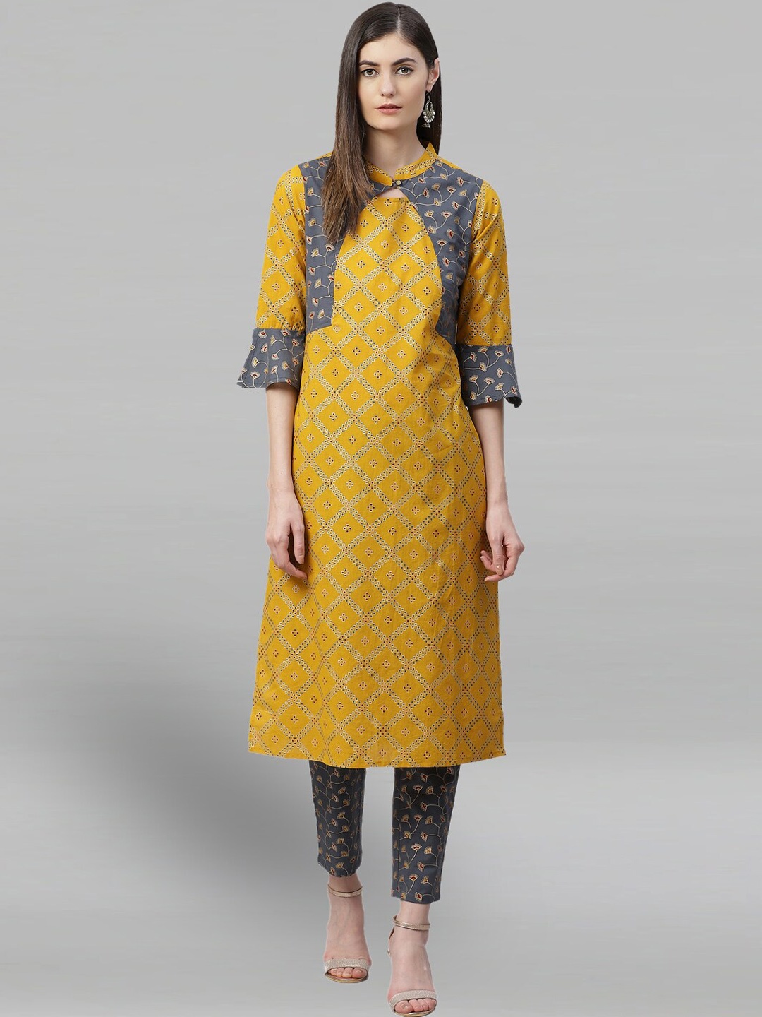 

KALINI Ethnic Motifs Printed Band Collar Pure Cotton Straight Kurta With Trouser, Yellow