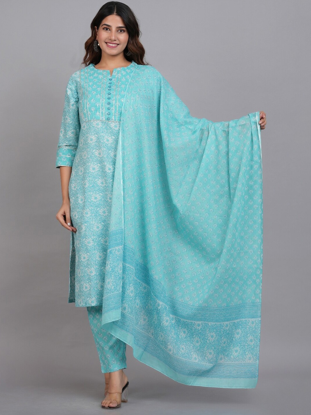 

KALINI Floral Printed Regular Pure Cotton Kurta & Trousers With Dupatta, Blue