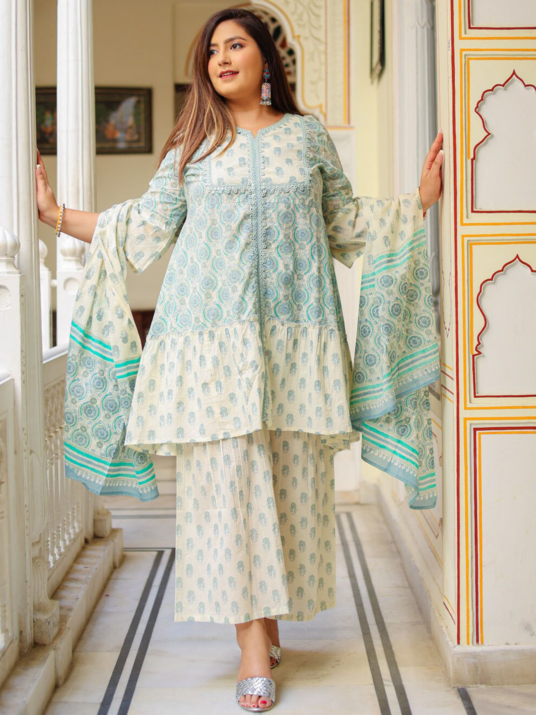 

KALINI Ethnic Motif Printed A-Line Pure Cotton Kurta With Trousers & Dupatta, Blue