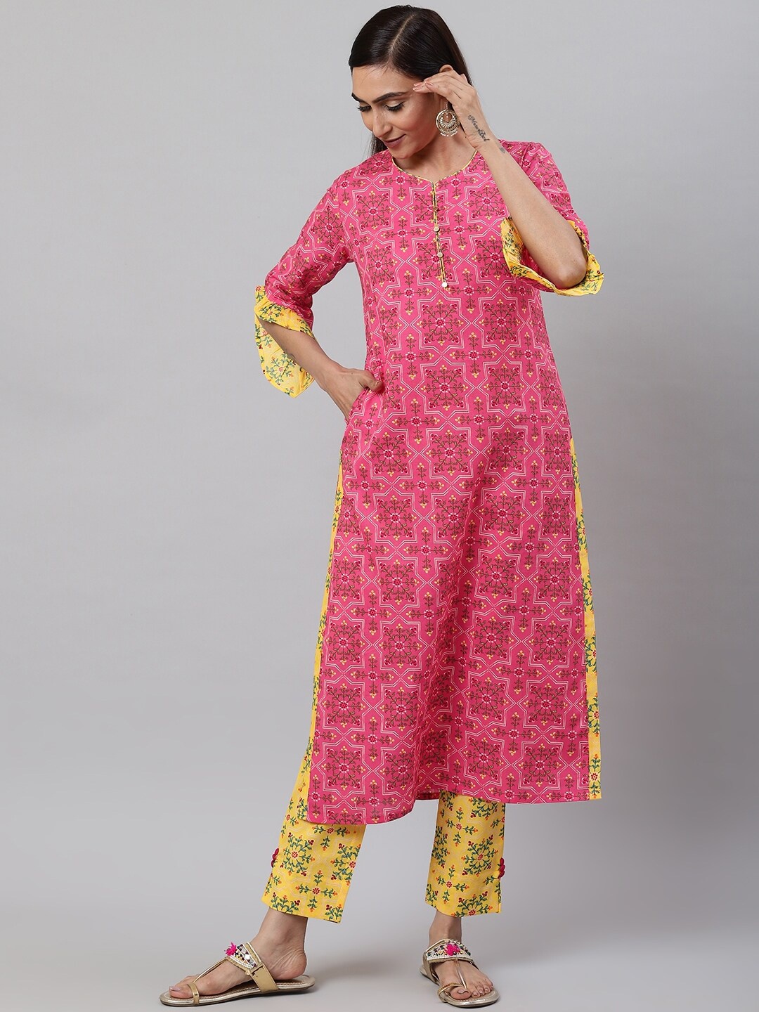 

KALINI Floral Printed Straight Kurta With Trousers, Pink