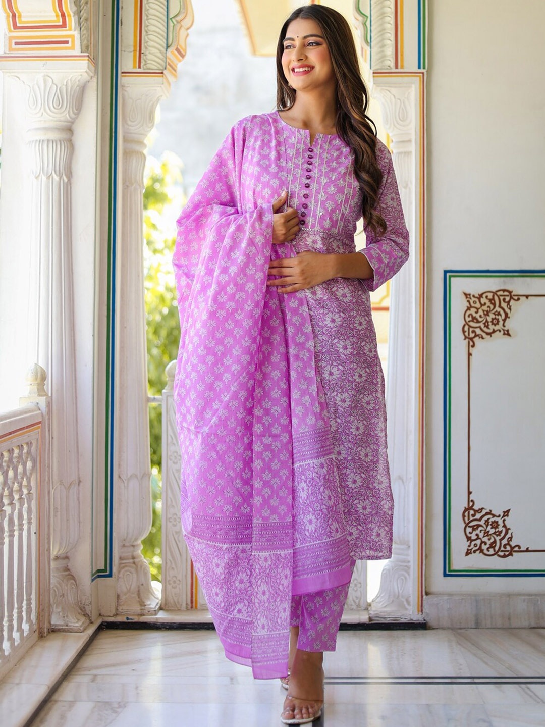 

KALINI Floral Printed Regular Pure Cotton Kurta With Trousers & Dupatta, Purple