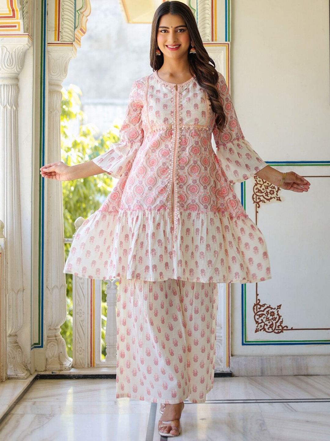 

KALINI Ethnic Motifs Printed Pure Cotton Pleated A-Line Kurta With Palazzo & Dupatta, Pink