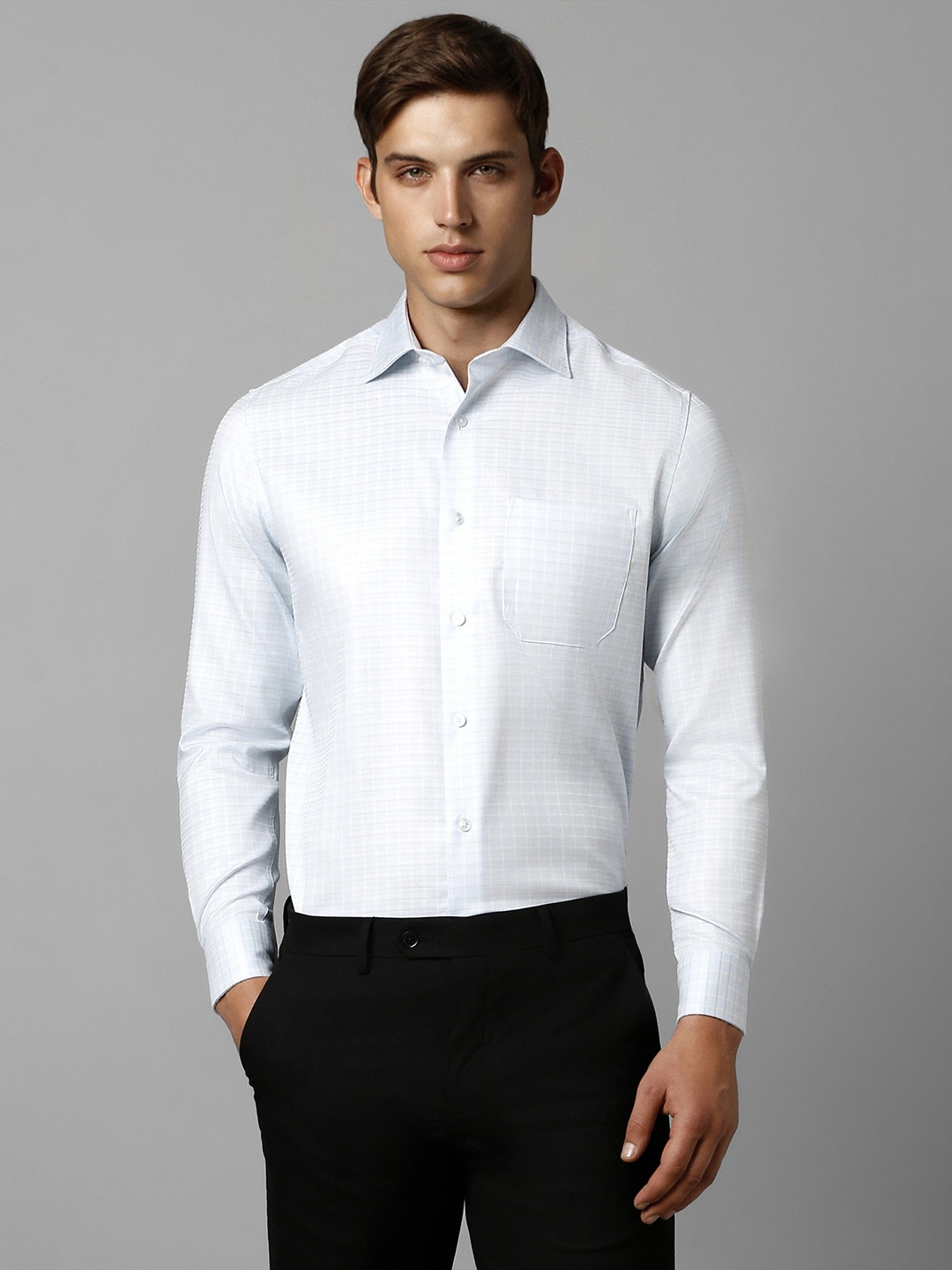 

Louis Philippe Classic Fit Grid Tattersall Checked Pure Cotton Formal Shirt, Blue