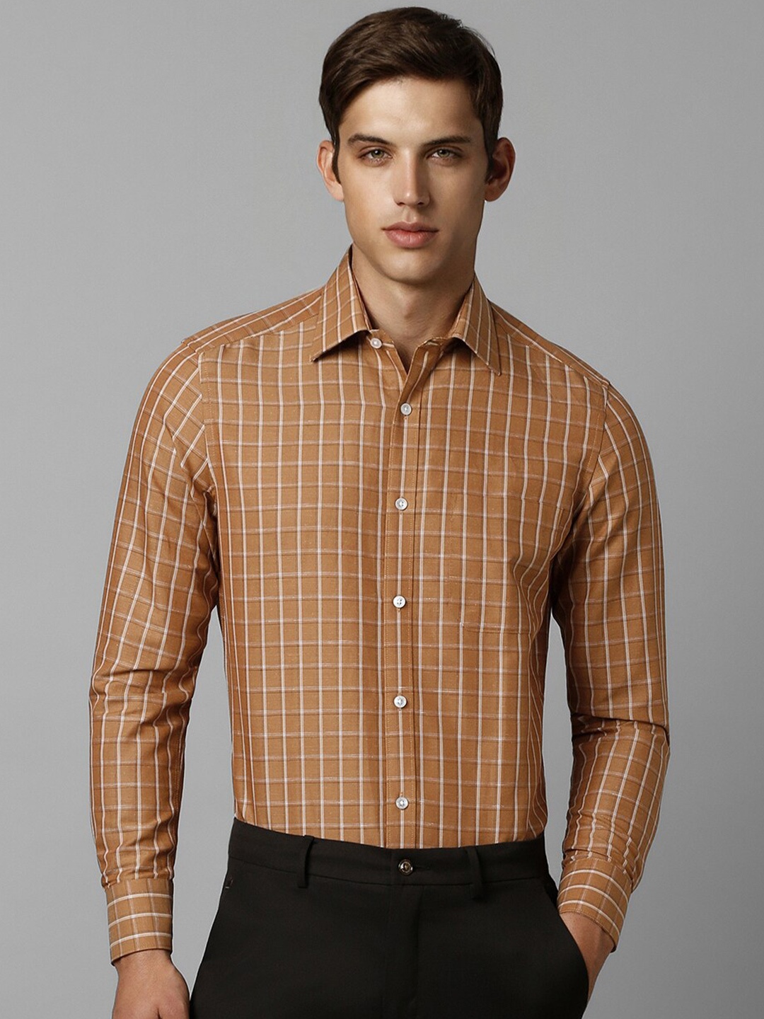 

Louis Philippe Checked Pure Linen Formal Shirt, Orange