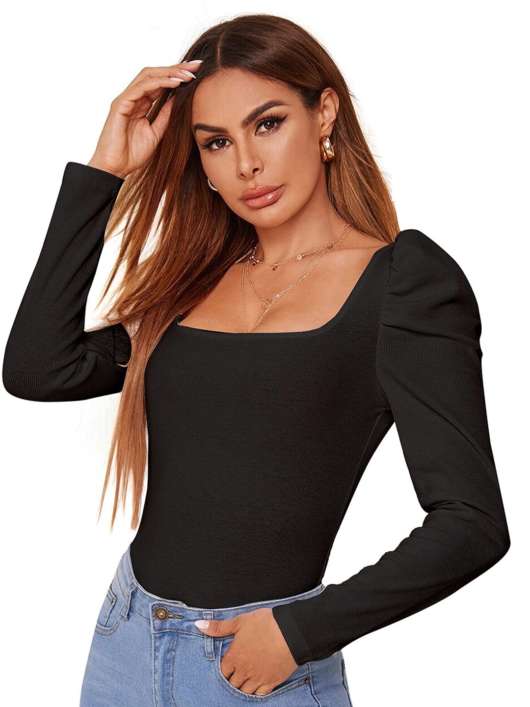 

BAESD Square Neck Puff Sleeves Regular Fitted Top, Black