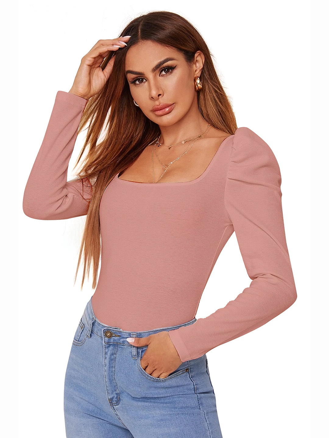 

BAESD Square Neck Puff Sleeve Fitted Top, Peach