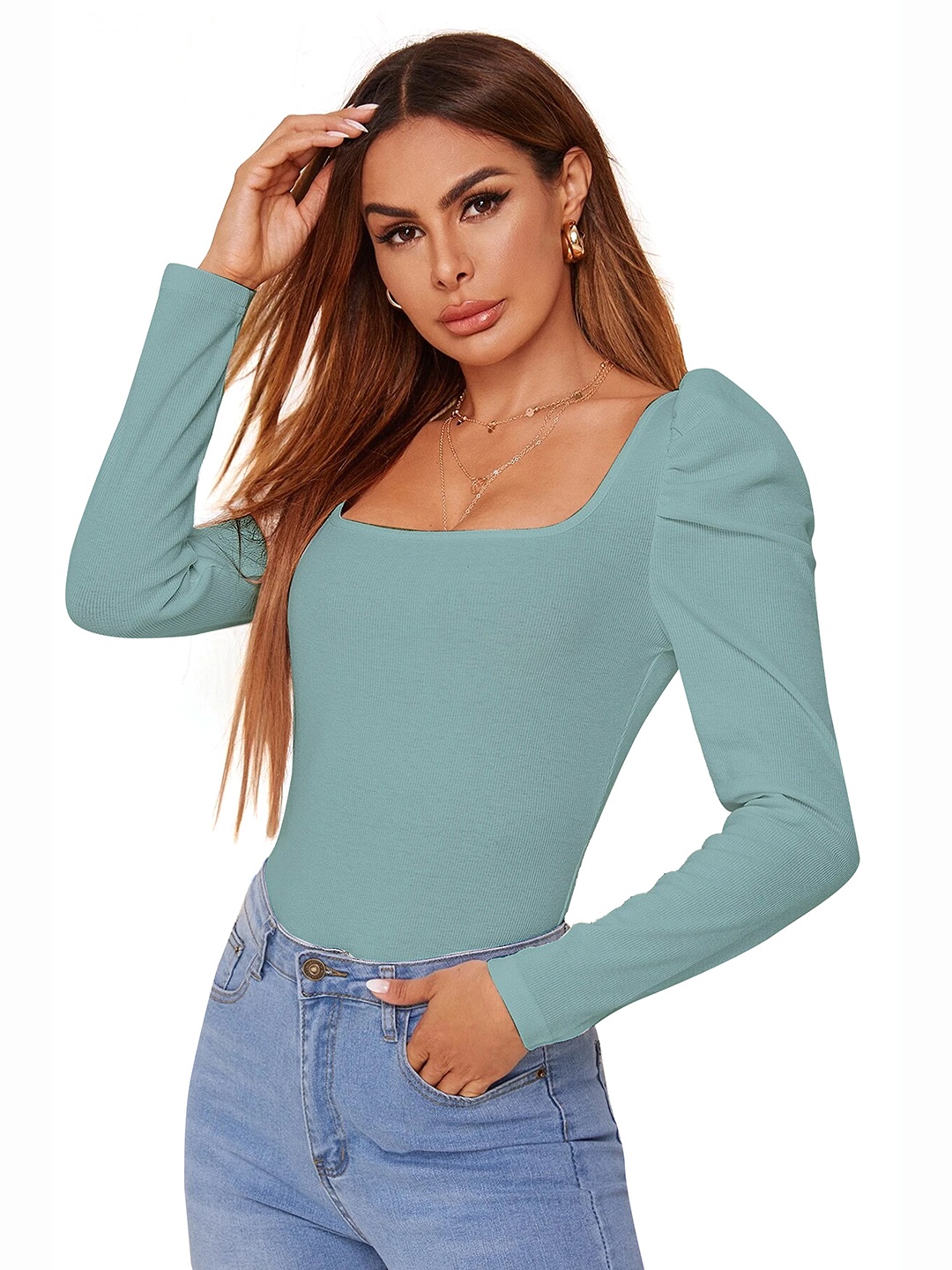 

BAESD Square Neck Puff Sleeve Fitted Top, Sea green