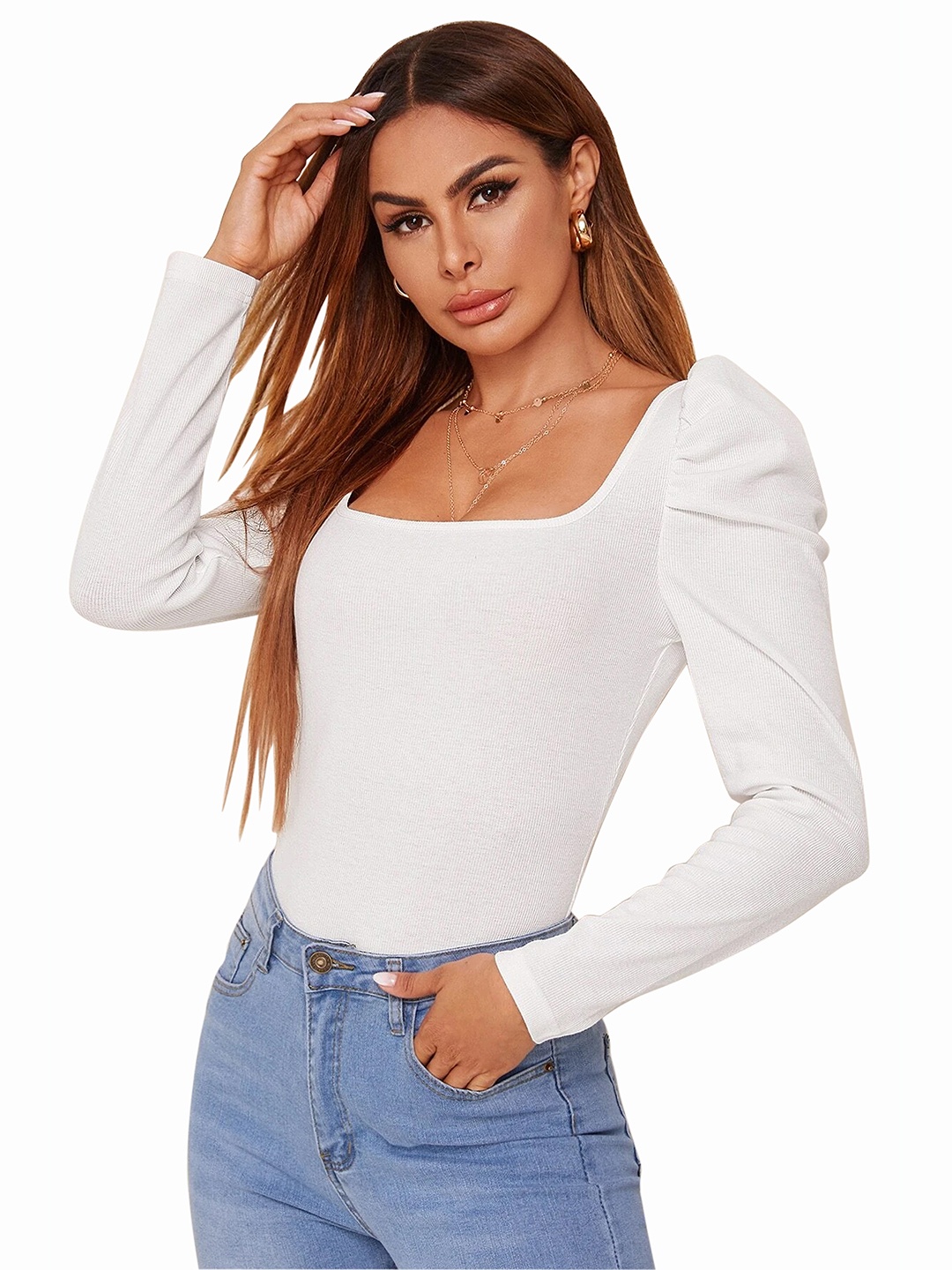 

BAESD Square Neck Puff Sleeve Fitted Top, White