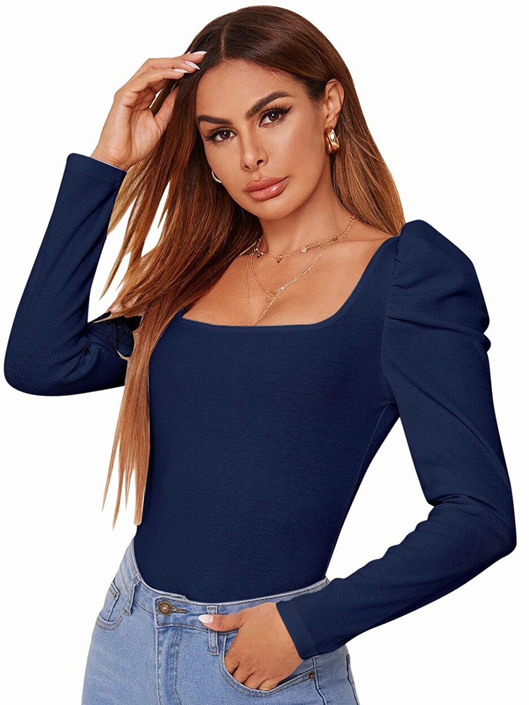 

BAESD Square Neck Puff Sleeves Regular Fitted Top, Blue