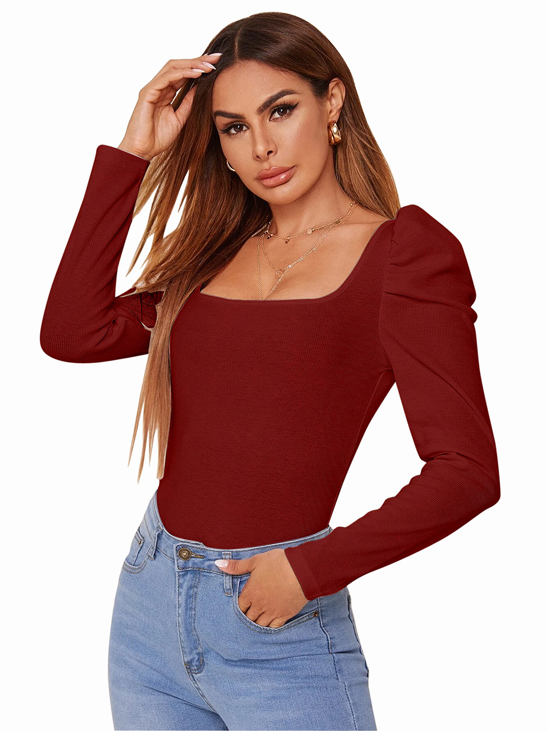 

BAESD Square Neck Puff Sleeve Fitted Top, Maroon