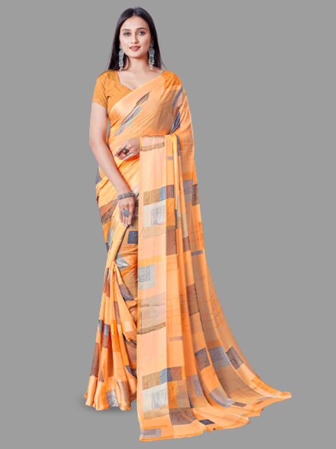 

SANJANA SILK Checked Printed Satin Saree, Peach