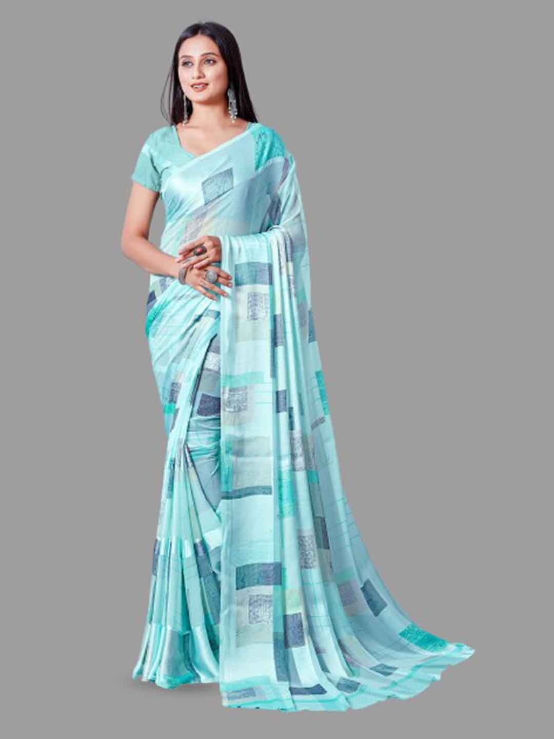 

SANJANA SILK Checked Printed Satin Saree, Blue