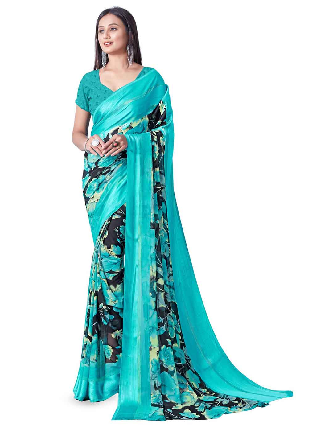 

SANJANA SILK Floral Printed Satin Saree, Blue