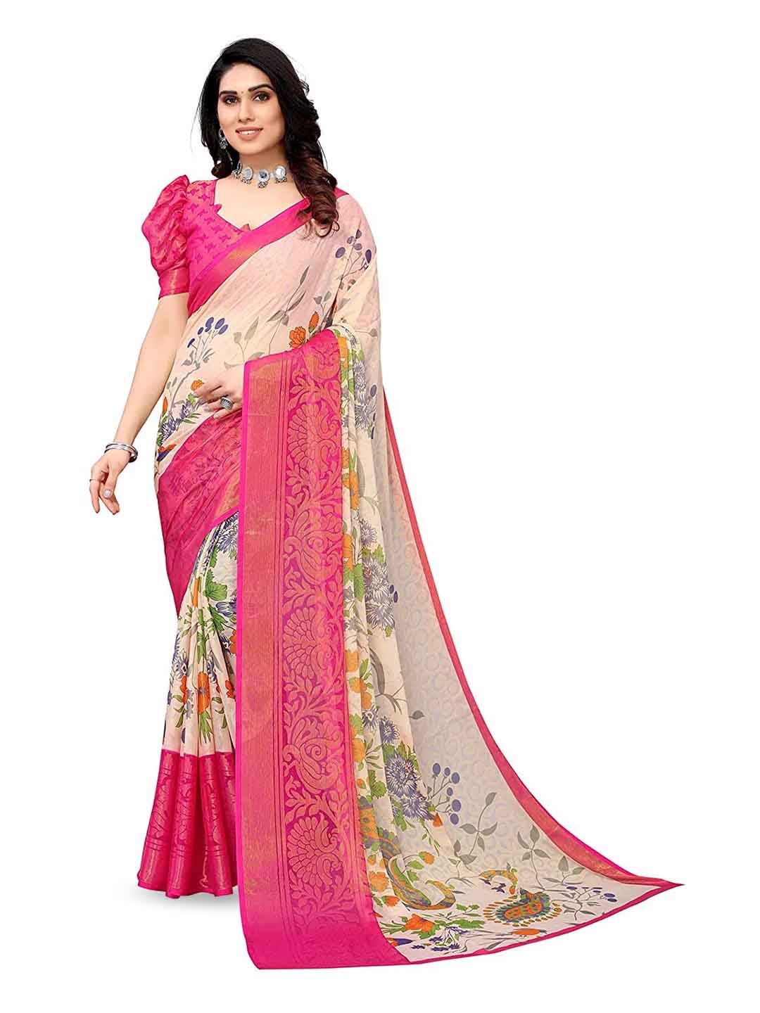 

SANJANA SILK Floral Printed Brasso Saree, Pink