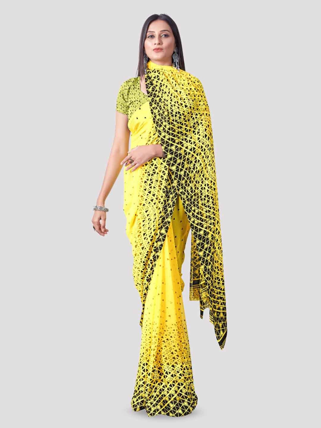 

SANJANA SILK Geometric Printed Pure Georgette Saree, Yellow