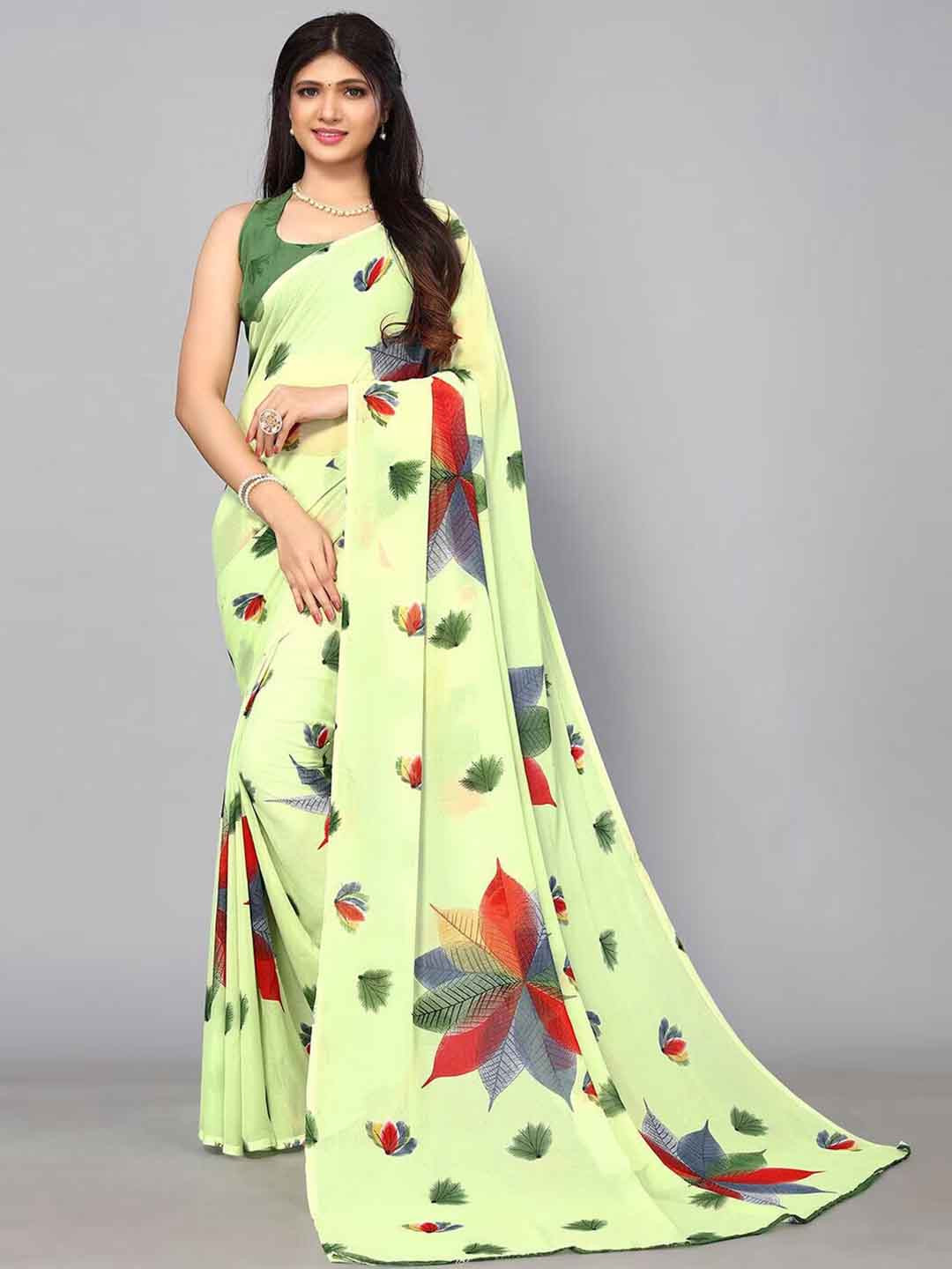 

SANJANA SILK Floral Printed Pure Georgette Saree, Green