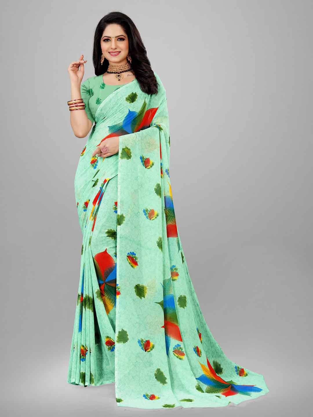 

SANJANA SILK Floral Pure Georgette Saree, Teal