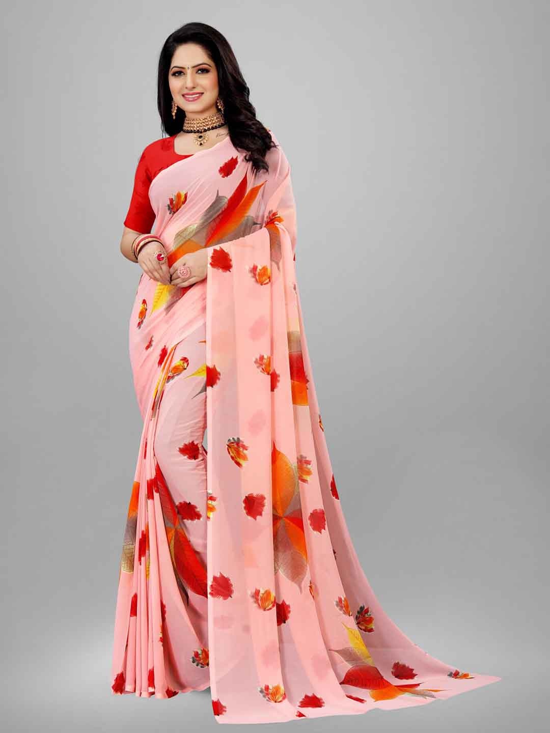 SANJANA SILK Floral Printed Pure Georgette Saree, Pink