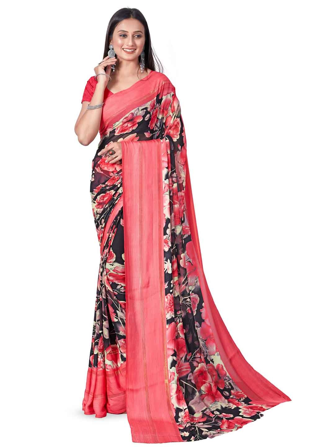 

SANJANA SILK Floral Printed Satin Saree, Red