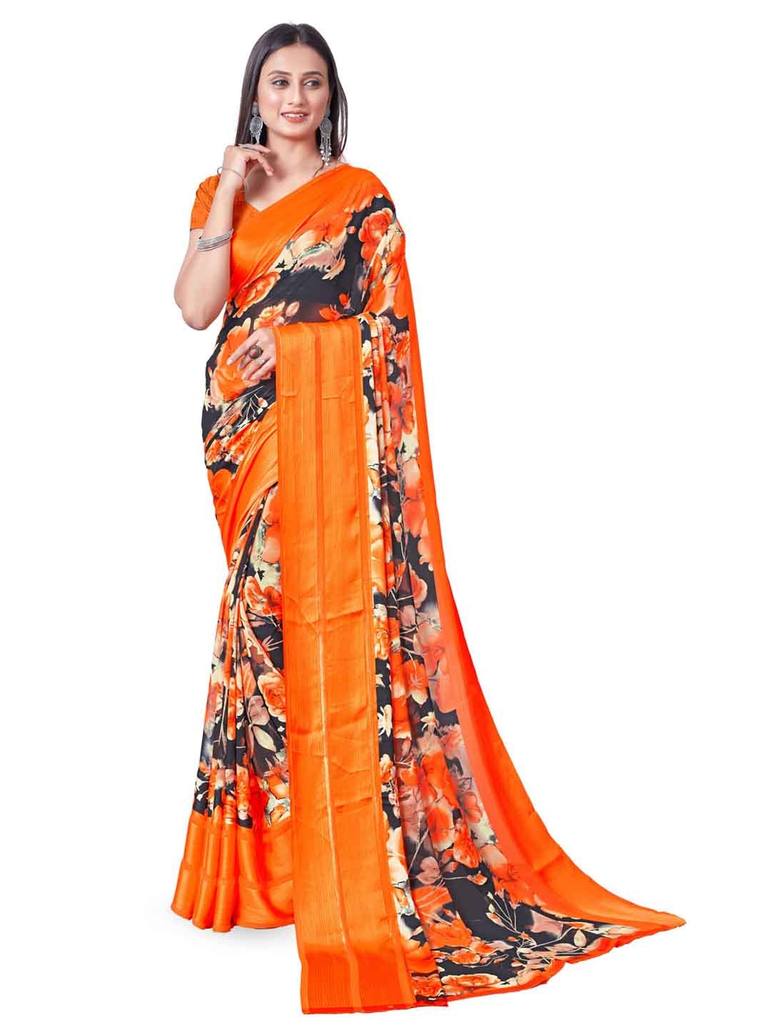 

SANJANA SILK Floral Printed Satin Saree, Orange
