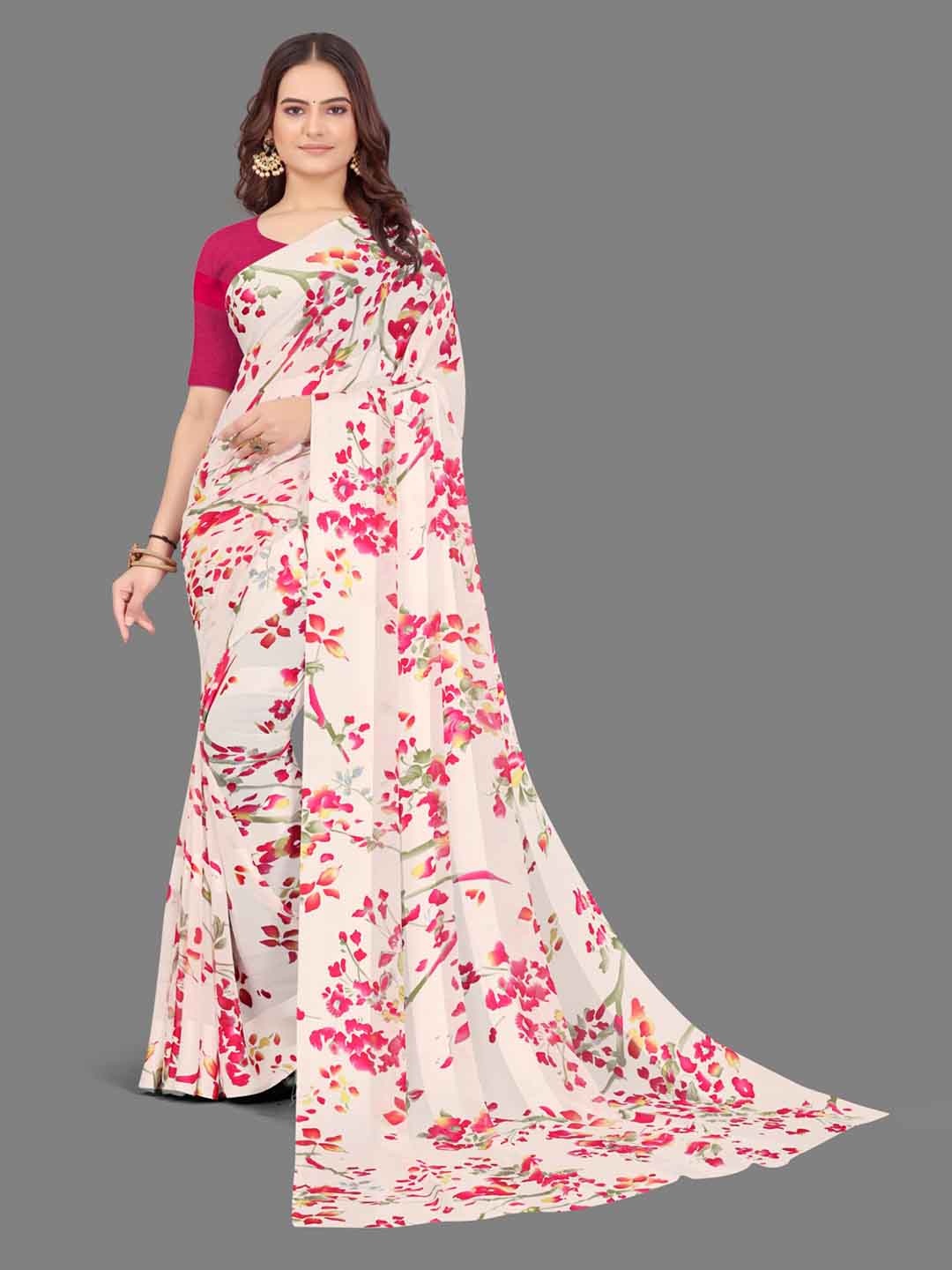 

SANJANA SILK Floral Printed Block Print Satin Saree, Pink