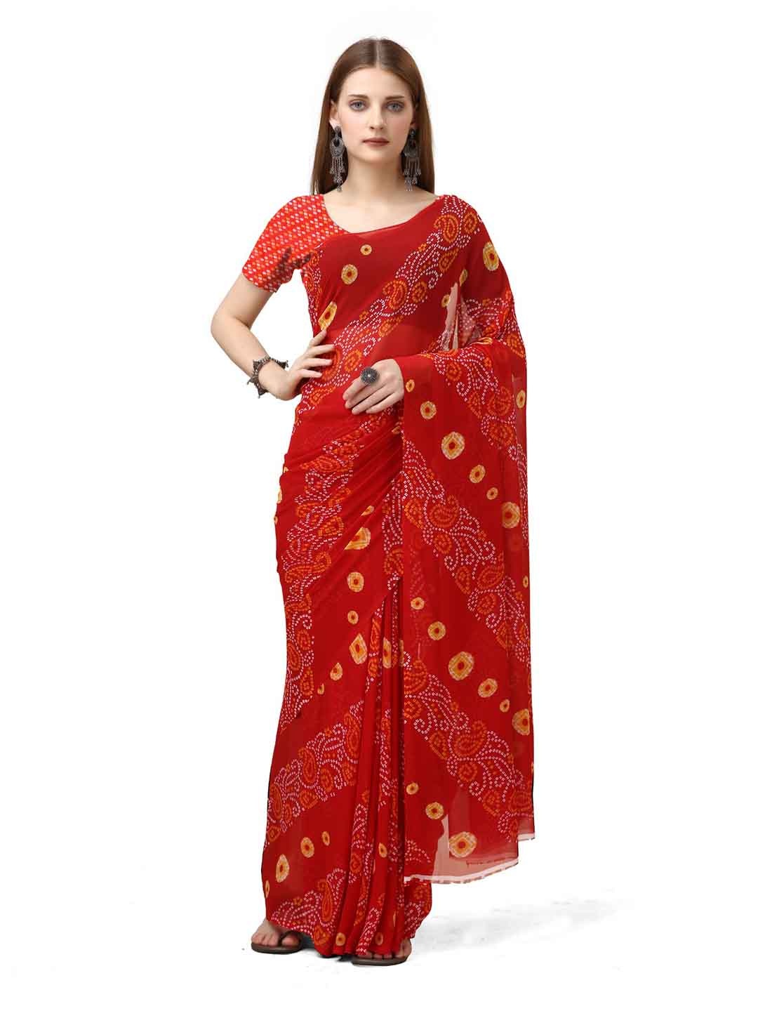 

SANJANA SILK Pure Georgette Bandhani Saree, Red