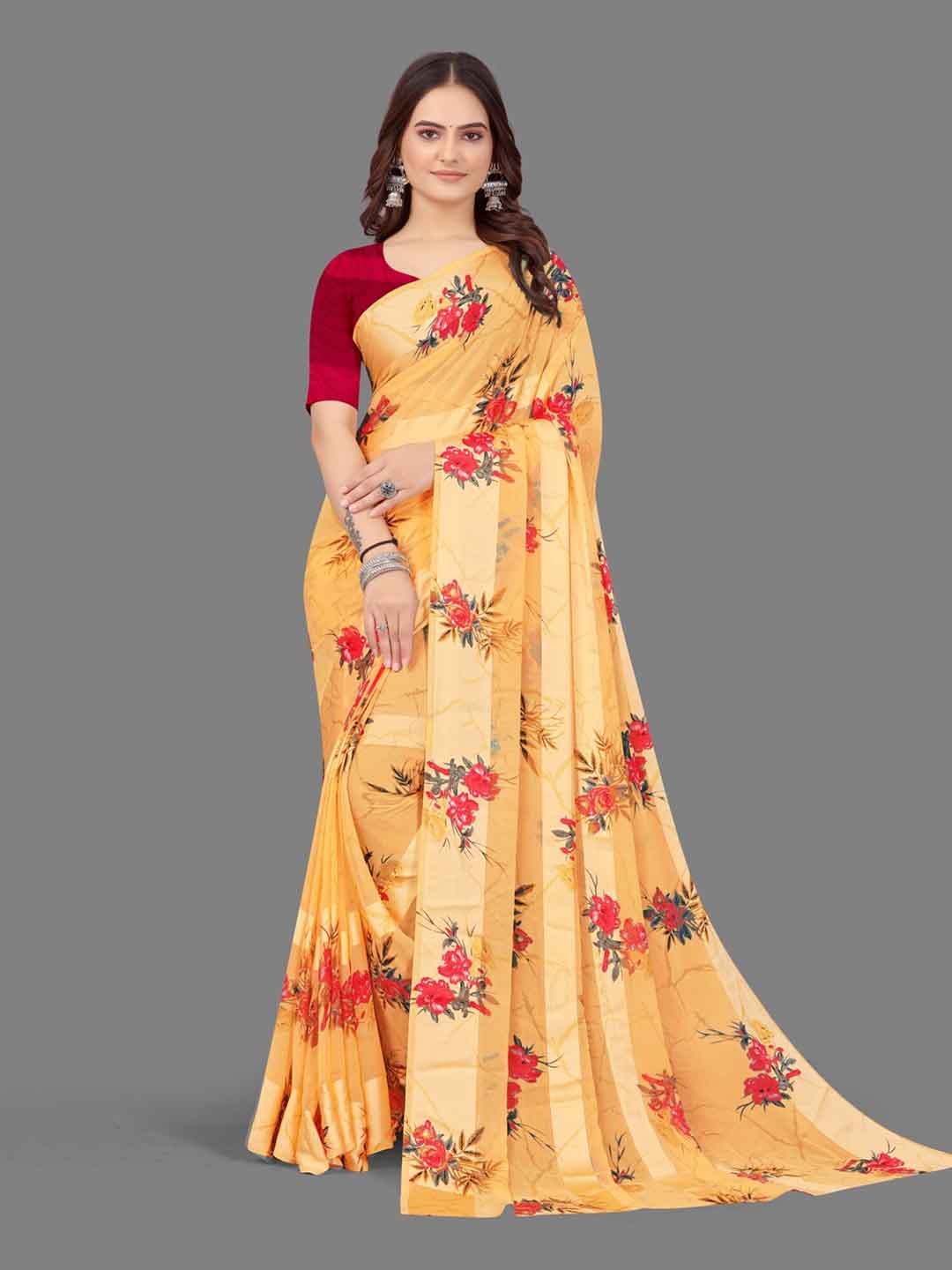 

SANJANA SILK Floral Printed Satin Saree, Beige