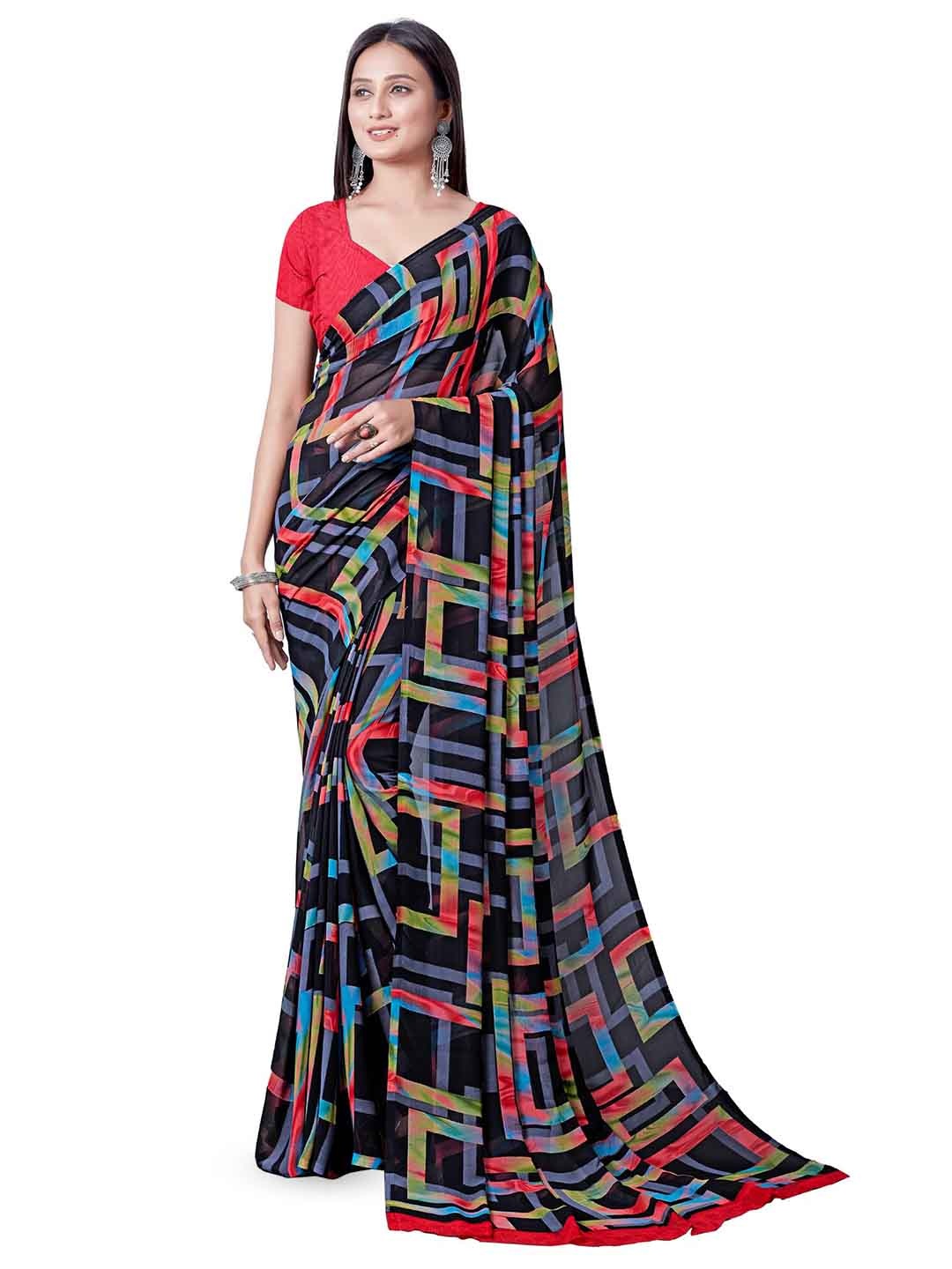 

SANJANA SILK Pure Georgette Block Print Saree, Red