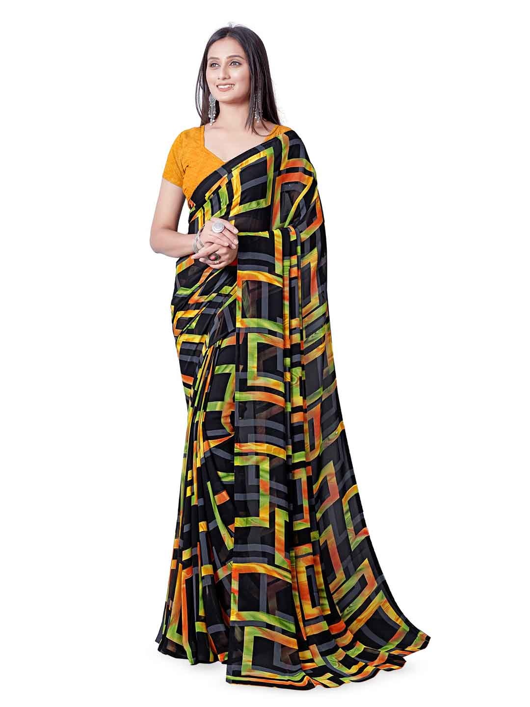 

SANJANA SILK Pure Georgette Block Print Saree, Yellow