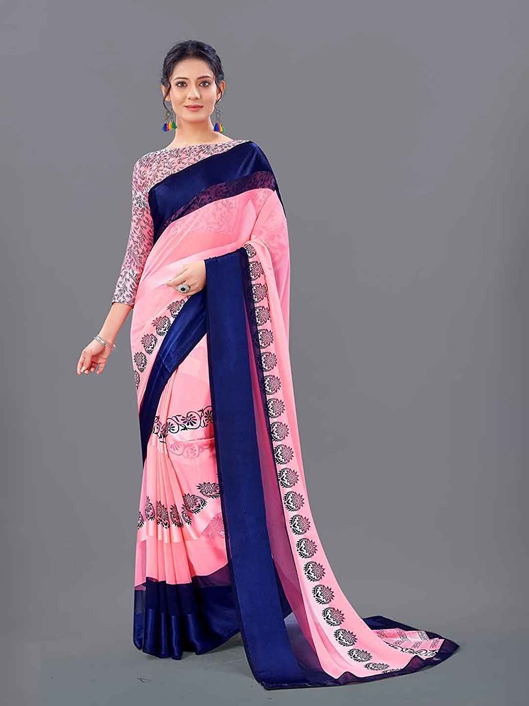 

SANJANA SILK Floral Printed Satin Saree, Pink